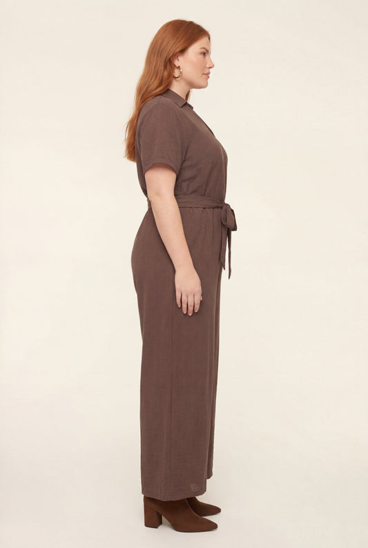 Verona Button-Front Wide-Leg Jumpsuit with Tie Belt