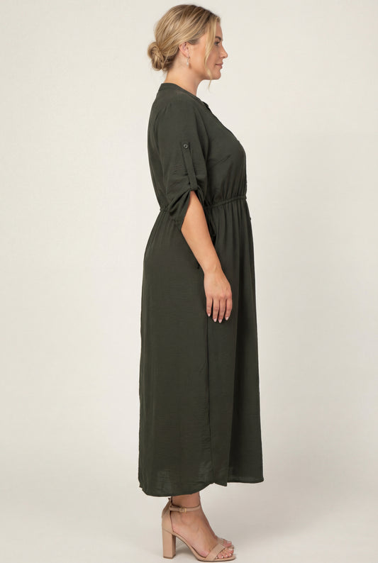 Lucia Button-Front Midi Dress with Drawstring Waist