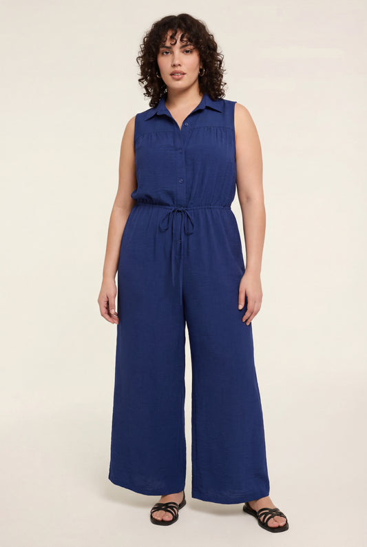 Milano Button-Front Wide-Leg Jumpsuit with Tie Waist
