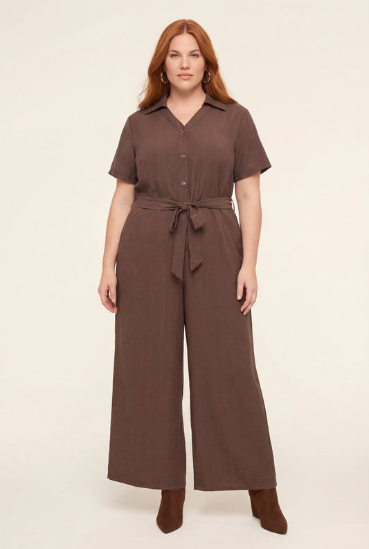 Verona Button-Front Wide-Leg Jumpsuit with Tie Belt