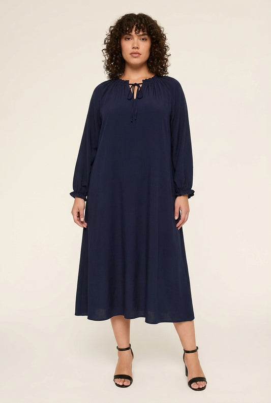 Isabella Gathered-Neck Midi Dress with Tie Detail