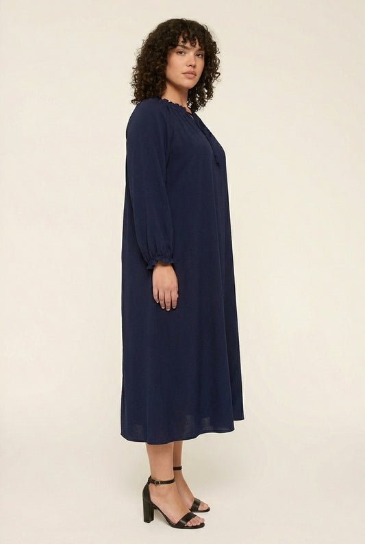Isabella Gathered-Neck Midi Dress with Tie Detail